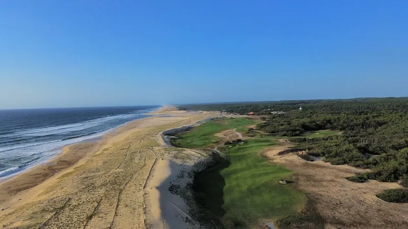 An aerial view of a sandy beach and ocean